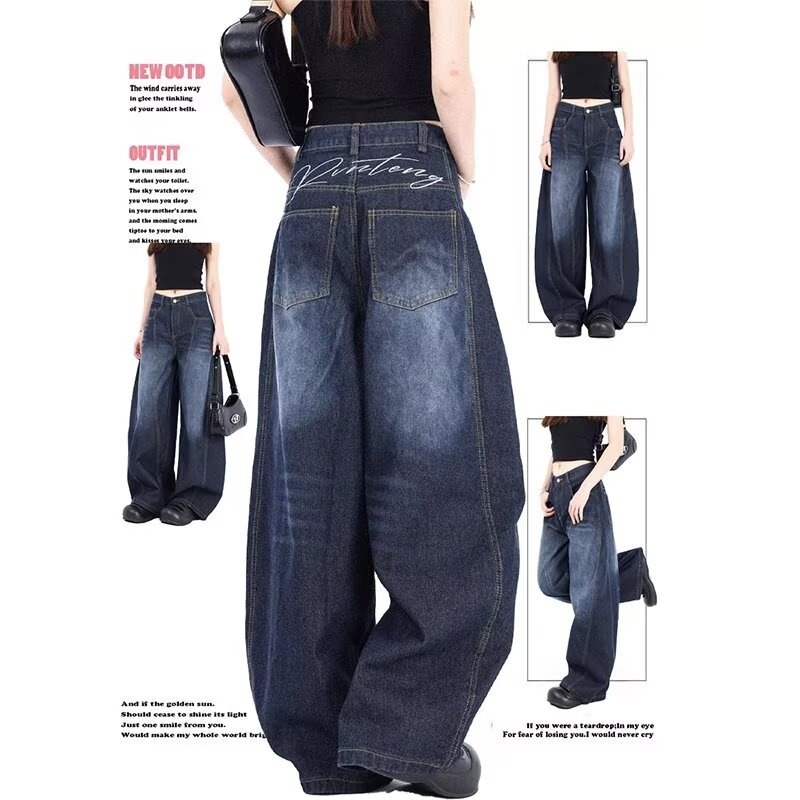 American Retro Embroidered Scimitar Jeans for Men and Women 2025 Spring and Autumn Washed Blue Wide-Leg Pants Sickle Pants