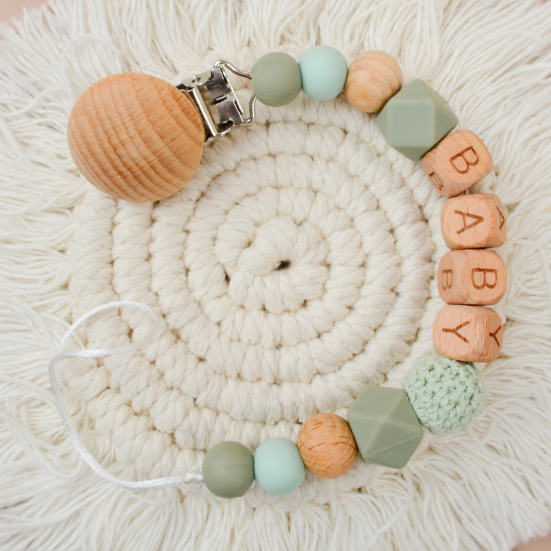 Picture of New Beech pacifier clip Beech letters BABY silicone octagonal beads wool crochet anti-drop chain