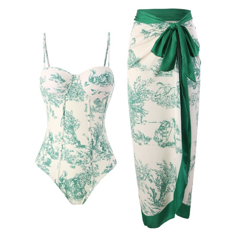 2024 European and American New One-Piece Swimsuit for Women, Tight-Fitting, Slimming Look, Retro Straps, Sun Protection Long Skirt, Two-Piece Set, Hard-Packed Swimsuit