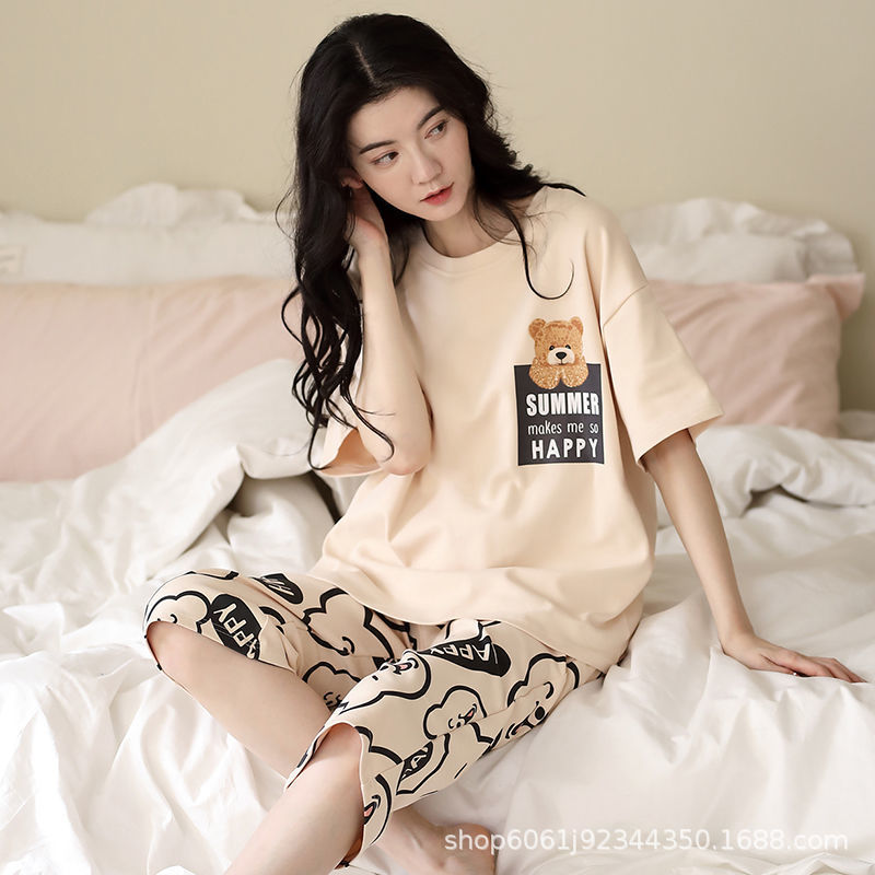 Pajamas women's summer cropped pants cute short sleeve loose thin plus size women's home wear can be worn outside suit
