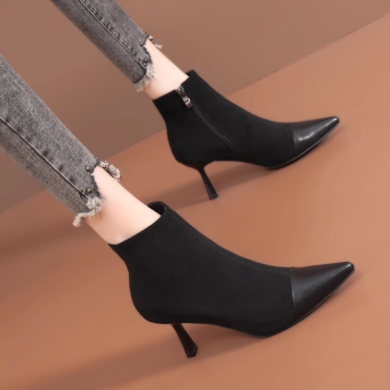 Martin Boots High Elegant Autumn and Winter British Style Pointed High Heel Short Barrel Leather Boots Women's All-match Boots Fashion Boots Side Zipper