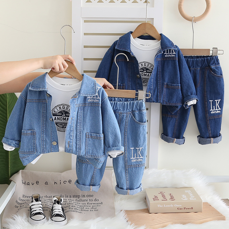 Boys' Spring and Autumn New Long-sleeved suit Fashion Letter Denim Lasel Long-sleeved Three-piece Casual Clothes for Children