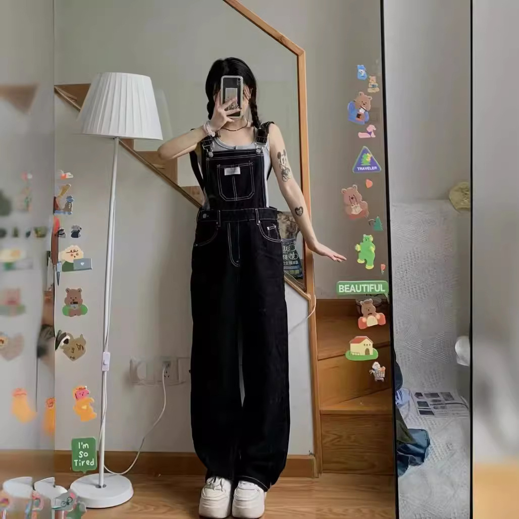 Black Denim Belt Pants Women's 2024 Autumn Korean Loose Slimming Cute Age-reducing Adjustable Loose High Waist Pants