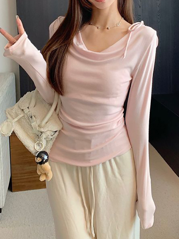 Gentle Sweet Girl Style Bow Tie Swing Collar Long-Sleeved T-Shirt Women's Autum Slimming Look Pure Desire Pure Color Top