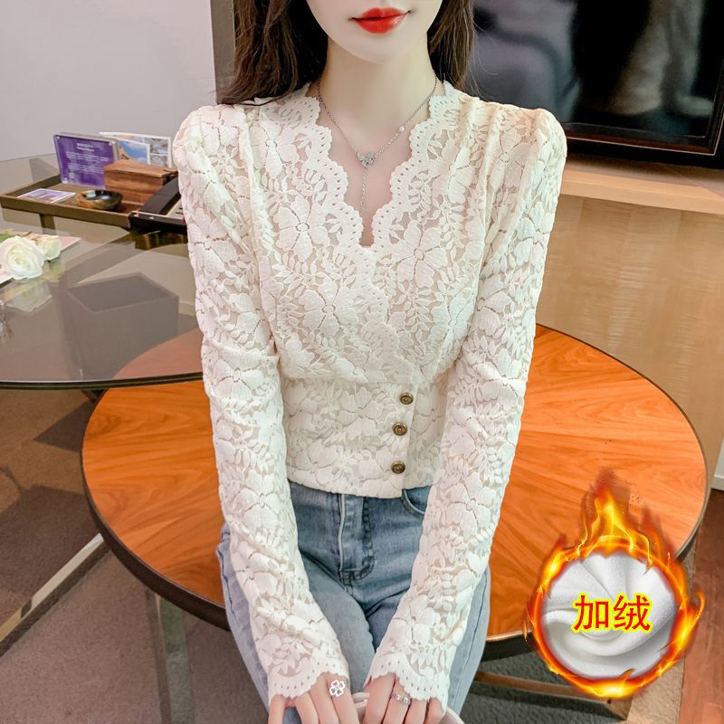 Picture of 2023 Autumn and Winter New Collar Wavy Edge Shirt Lace Shirt Women's Western Style Slim Fit Slimming fleece-lined Thickened Base Shirt