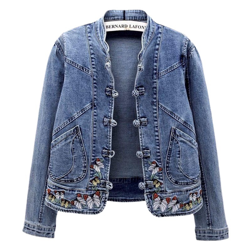 Spring and Autumn New Denim coat women's short versatile retro Chinese style embroidered stretch jacket slim top fashion