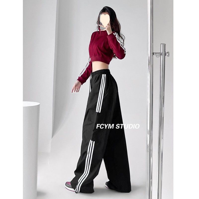 Picture of European and American style hot girl three-bar wide-leg overalls pants women's autumn street high waist slimming sports loose drag high street tide