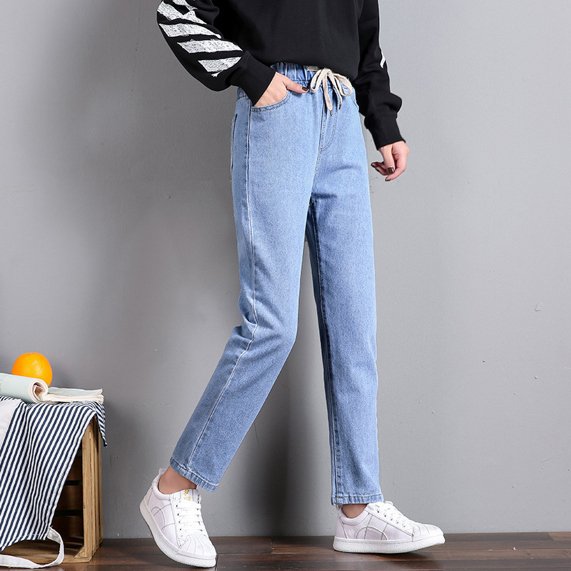 Picture of Korean Style Women's Straight Casual Elastoelastic Waist Lace-up High Waist Student Jeans Women's Loose Cropped Torre Pants Women