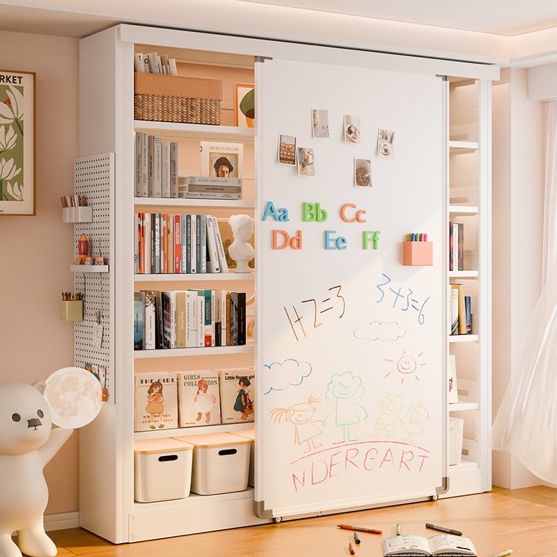 Household wrought iron bookshelf with sliding whiteboard door living room floor storage shelf book shelf combination children's bookcase