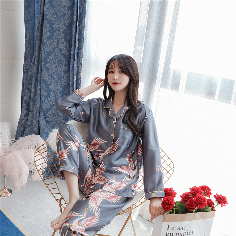 2019 Spring and Autumn New Pajamas Women's Ice Silk Long Sleeve Cardigan Fat Size Two-Piece Suit Korean Style Outfit Home Clothes Women