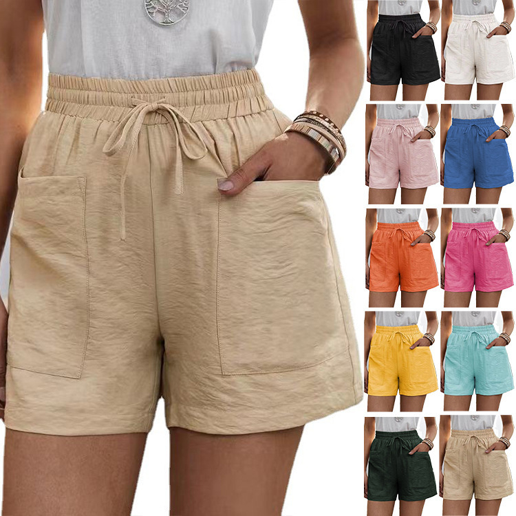 Picture of European and American Cross-Border Wish Summer Women's Popular Linen Texture Casual Shorts with Pockets, Solid Color, Plus Size, High-Waisted Wide-Leg Pants