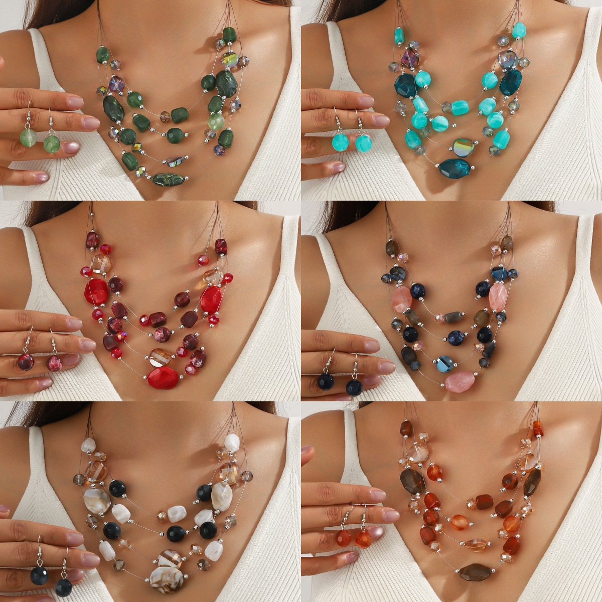 European and American Cross-border Retro Multi-layer Colorful Beaded Turquoise Fashion Elegant High-end Bohemian Jewelry Set