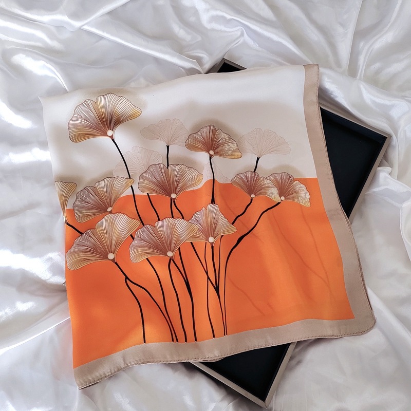 Chinese Style Ginkgo Leaf Small Square Silk Scarf Women's Spring and Autumn Summer Matching Shirt Neck Protection Scarf Thin Scarf 70