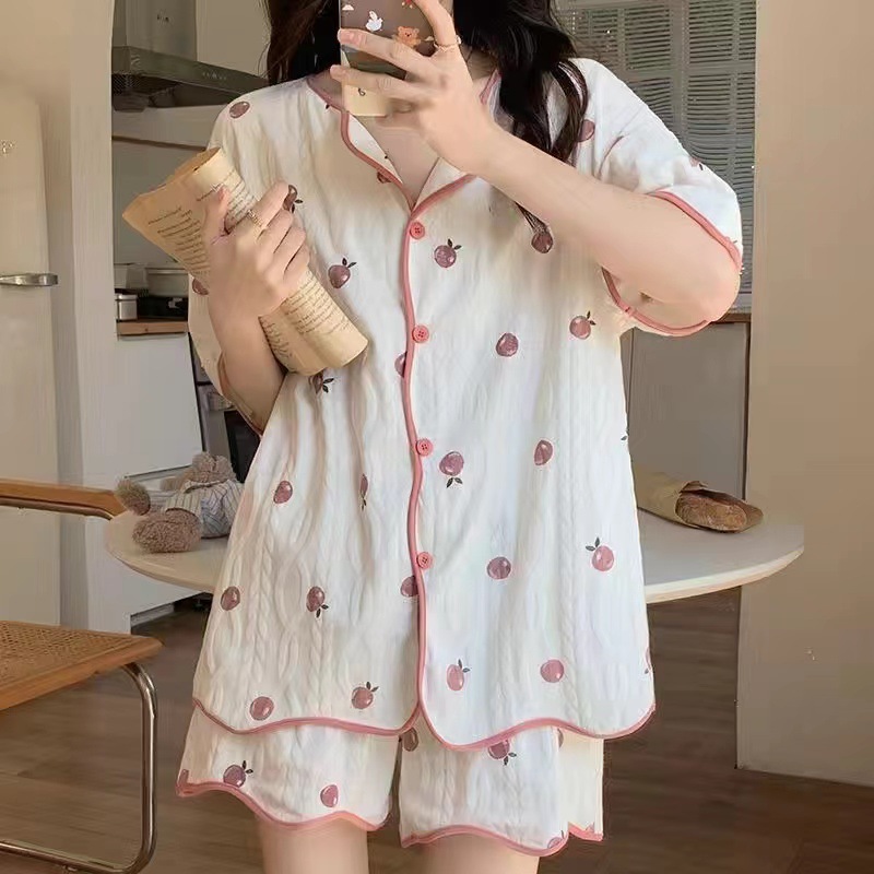 2025 New Pajamas for Women Summer Thin Short-Sleeved Shorts Spring and Summer Cardigan V Neck Peach Home Wear Set