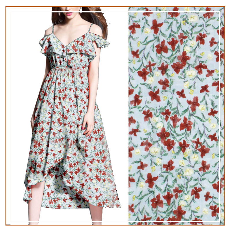 Three-jet printed fabric dress, sundress, shirt, semi-sheer women's clothing, children's clothing, small floral new fabric