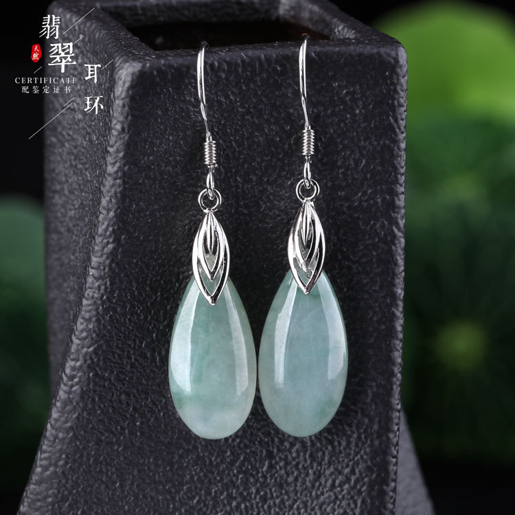 Picture of Hanfu Cheongsam Vintage Earrings with Certificate A Goods Jade Earrings 925 Sterling Silver Inlaid Ice Glutinous Water Drop Jade Earrings