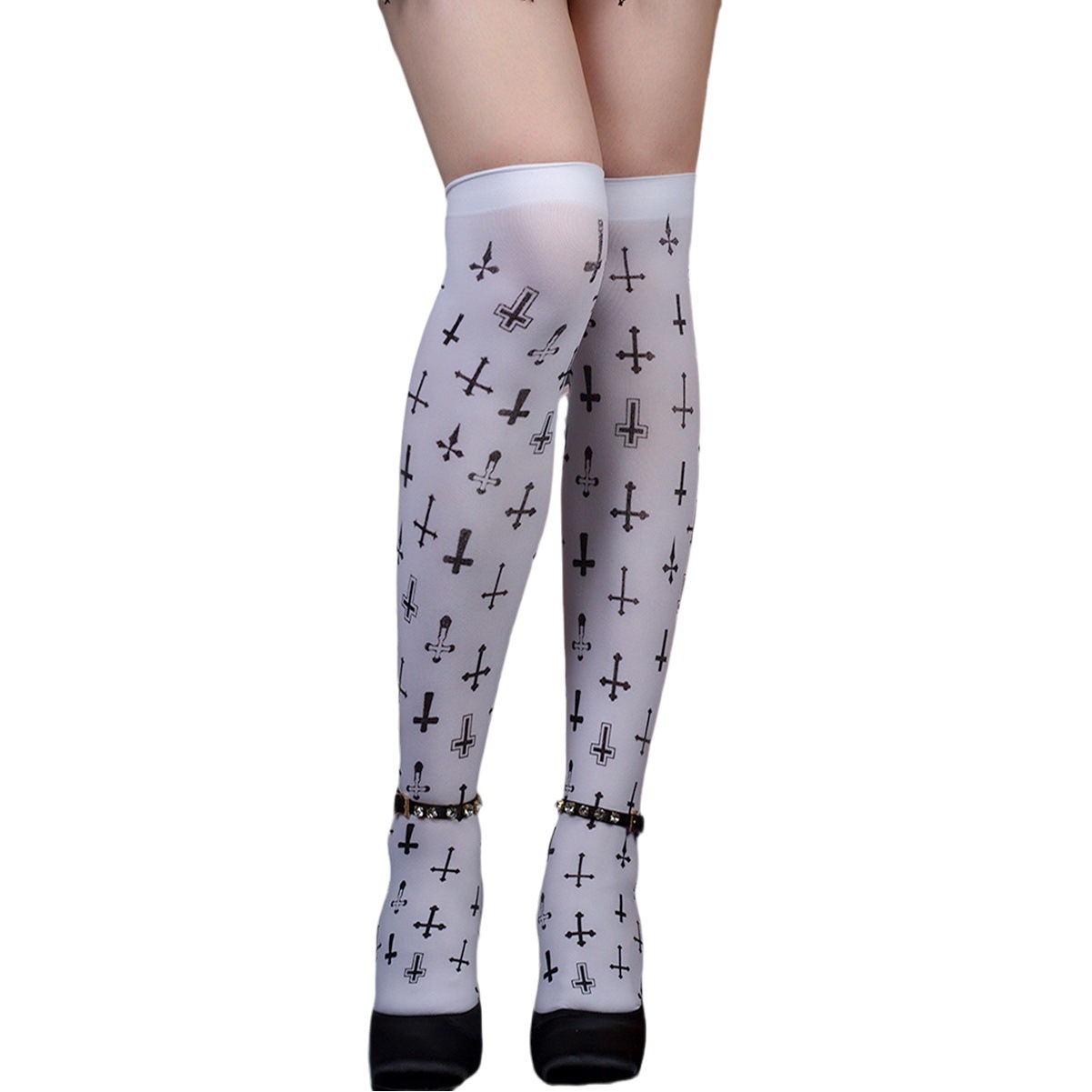Black Over-The-Knee Socks Japanese Flower Cross Print Long Socks Women's High Socks Nylon Halloween Socks