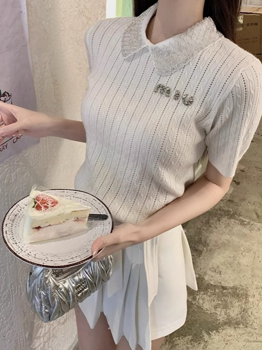 Picture of Korean Style Sweet Lace Doll Collar Turtleneck Sweater All-match Short-sleeved Niche Western Style Top Women's Short Summer New Style