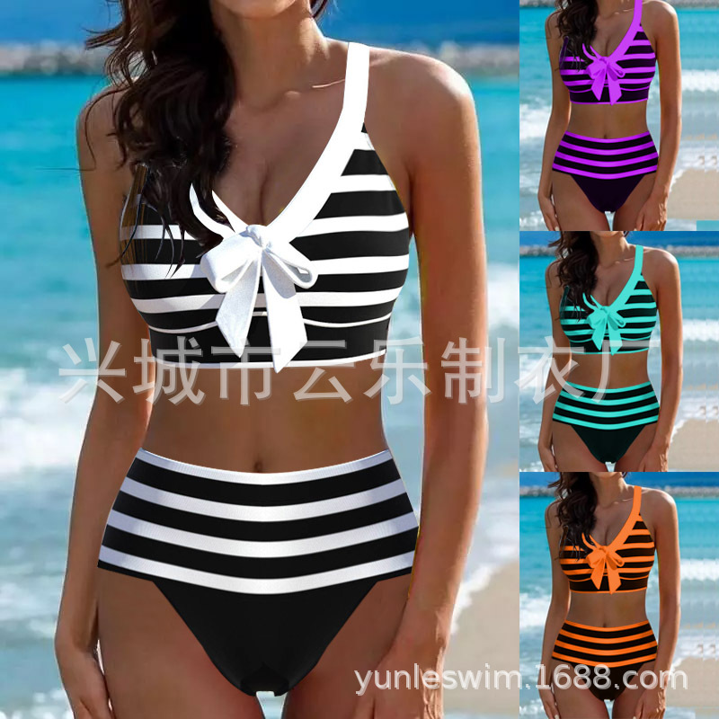 Yunle European and American Swimsuit for Women 2025 High-Waisted Sexy Two-Piece Bikini Striped Tie Swimsuit Amazon Bikini