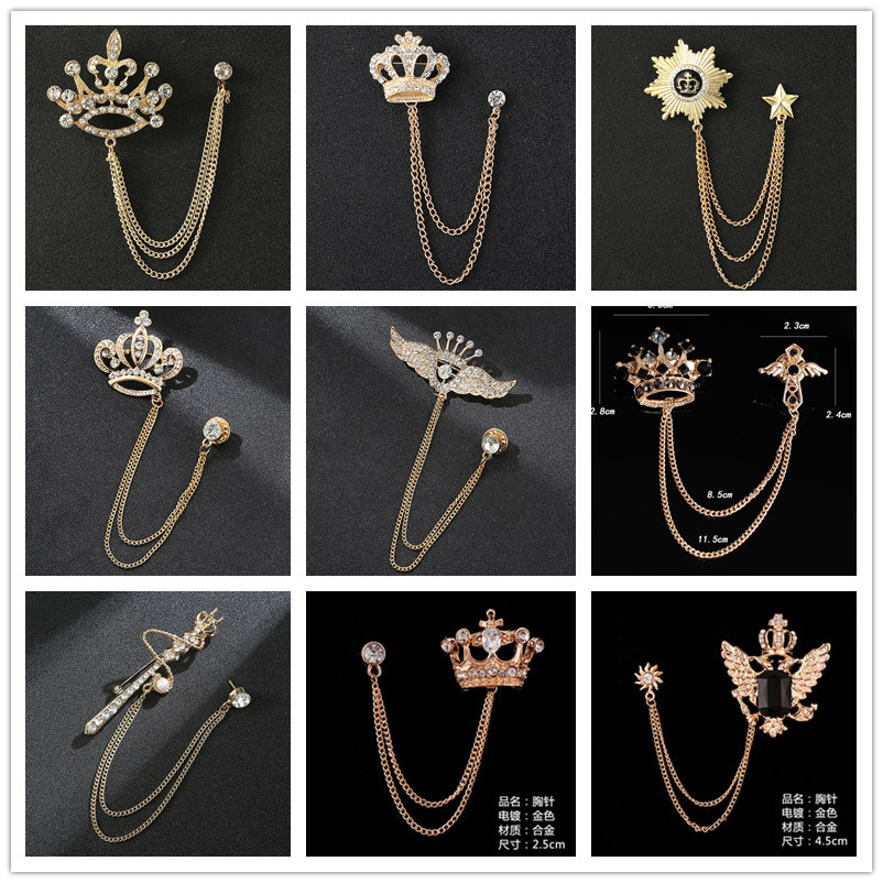 Korean Creative Full Diamond Crown Elegant Chain Brooch Men's Suit Fashion Personality Tassel Brooch Cross-border Hot Sale