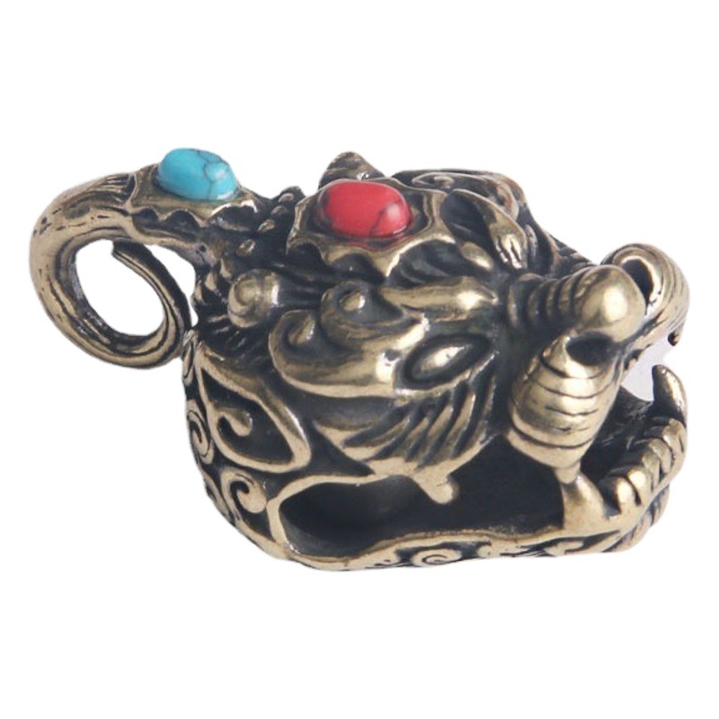 Pure brass old brave Bell keychain pendant inlaid with turquoise Jade beast copper bell personality pendant small copper wholesale