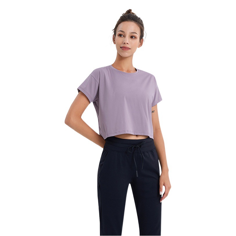 Picture of Soft and Skin-Friendly Spring and Summer Fashionable Navel-Baring Short-Sleeved T-Shirt, Loose and Breathable Running Outdoor Sports Yoga Wear for Fitness Women