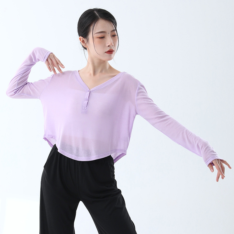 Picture of Thin V Neck Yoga Wear, Long-Sleeved Short Style, Loose-Fitting Outdoor Fitness Top, Breathable Daily Sports Blouse