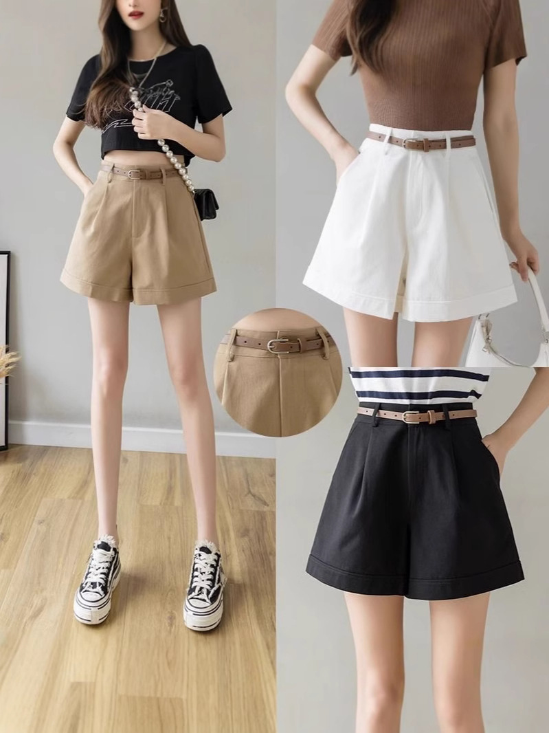 Casual Shorts Women's 2025 Summer New High Waist A- line Wide Leg Pants Casual Suit Work Belt Shorts for Outer Wear