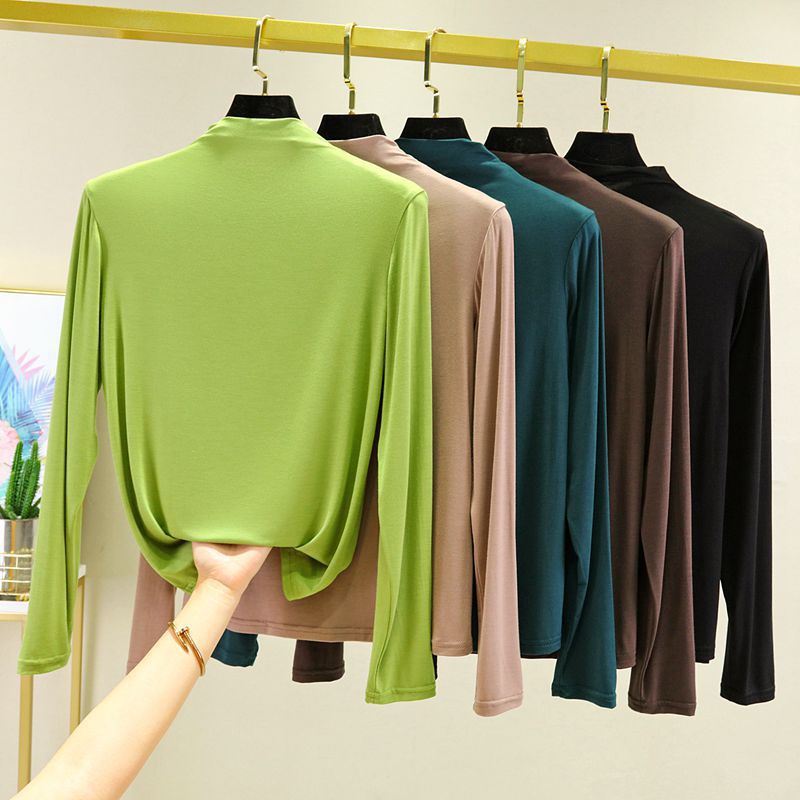 Spring and summer new bit cotton high collar long sleeve T-shirt size Loose Women's top Korean thin solid color base shirt