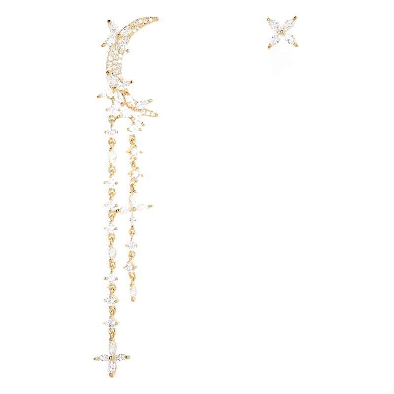 Moon Flower Tassel Long Asymmetric Design Micro-inlaid Water Drop Zircon Light Luxury Niche High-end Earrings for Women