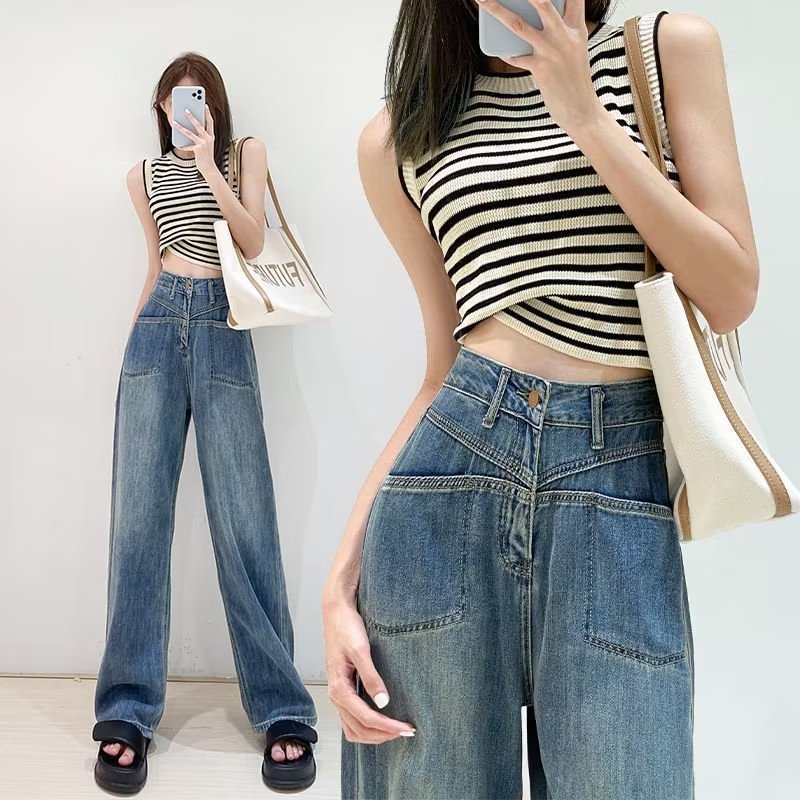 Picture of High waist wide leg jeans for women 2023 autumn and winter New American retro loose slimming draping straight mop pants