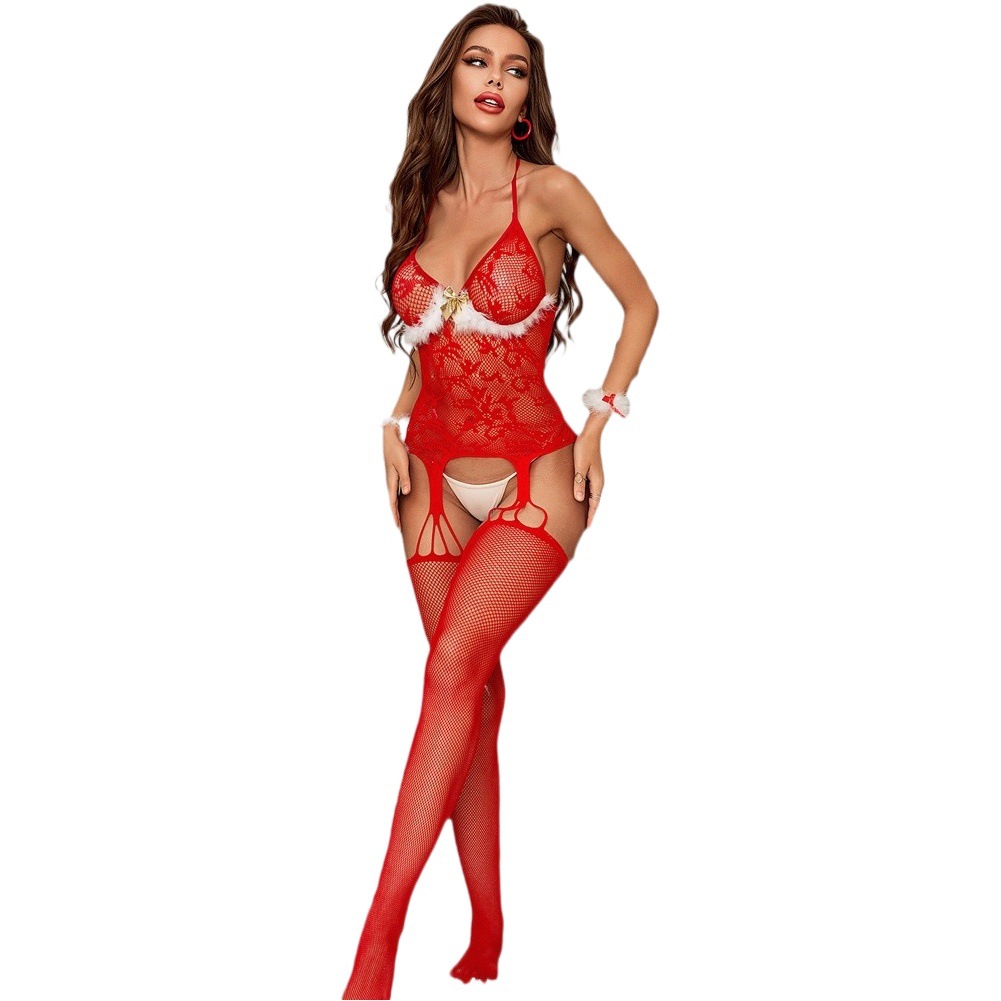 2024 Cross-border Christmas Lingerie Sexy Open-end Non-take-off jumpsuit suit Temptation Sexy Net Clothes