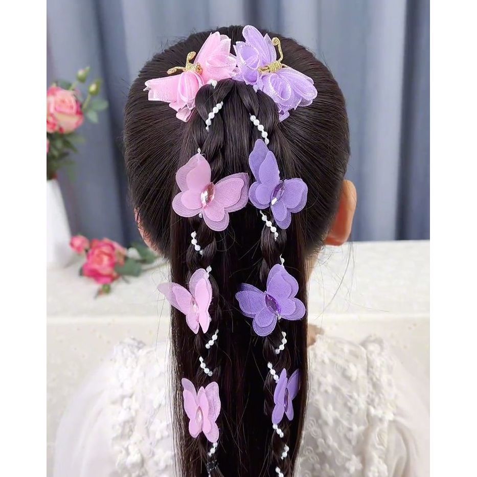 Picture of Little girl's new ancient style handmade butterfly pearl chain braided hairpin princess fairy head flower bead hair band headdress