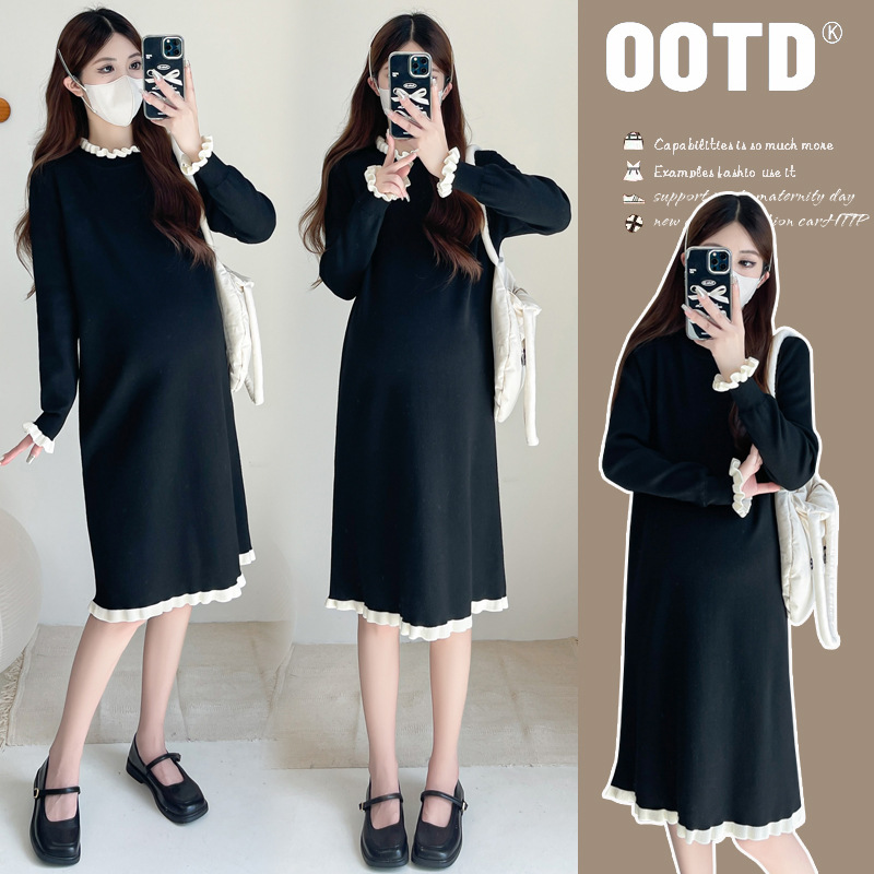 Maternity's Autumn Long-sleeved dress Fashion Mid-length Internet-famous Pregnant Women's Elegant Loose Slimming Pregnant Women's Skirt