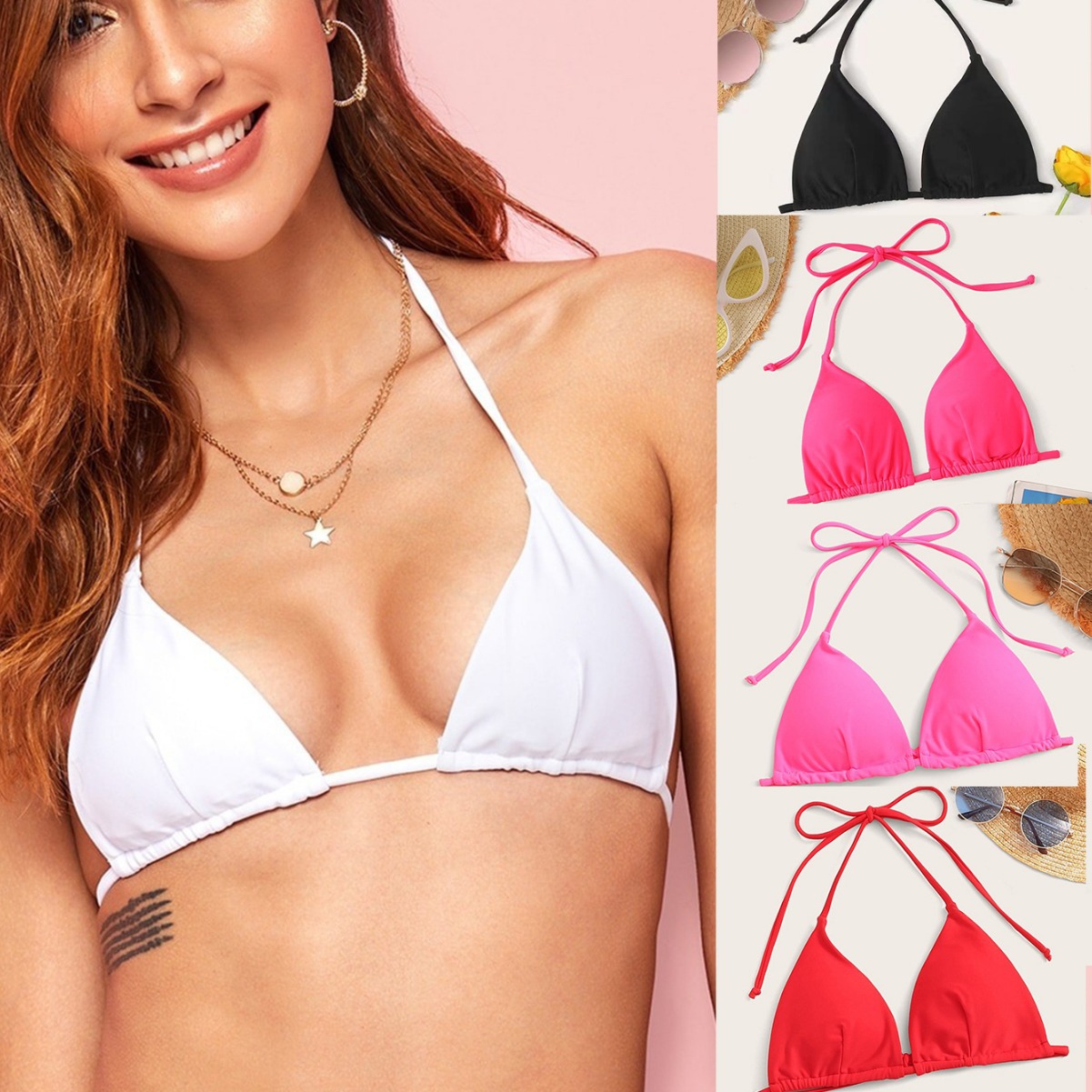 Fashion bikini black solid color single top lace-up swimsuit women's fashionable beach European and American AliExpress Amazon swimming