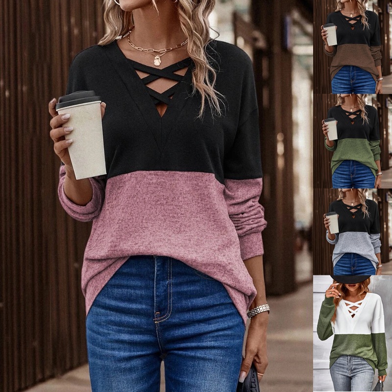 2025 Europe and America Amazon Cross-border Autumn and Winter New V-neck Cross Contrast Stitching Shoulder Sleeve Casual T Women's Top