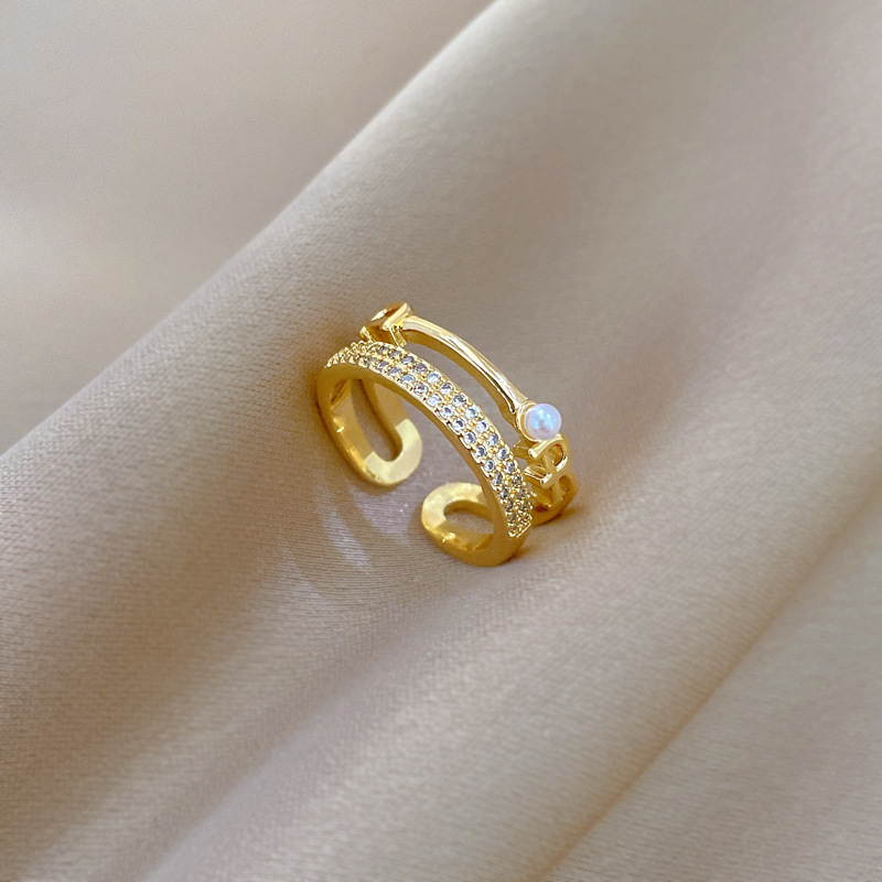 [Real Gold] Double-layer Pearl Full Diamond Ring Opening Adjustable Simple Jewelry Japanese Ring Couple Ring