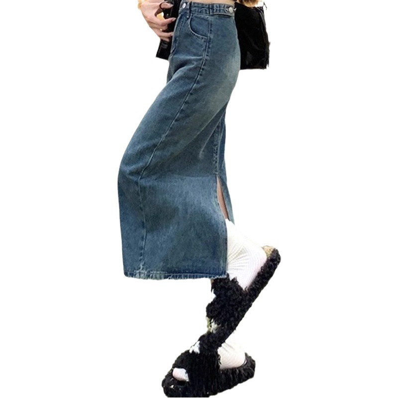 High waist split Denim skirt women's summer thin slim A- line skirt retro sheath long skirt