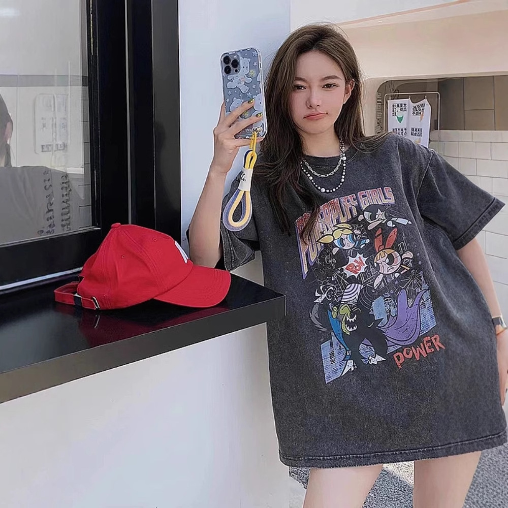 2025 New Cartoon Old Washed Mid-length Short-sleeved T-shirt Women's Summer Trendy Retro Loose Couple's Top