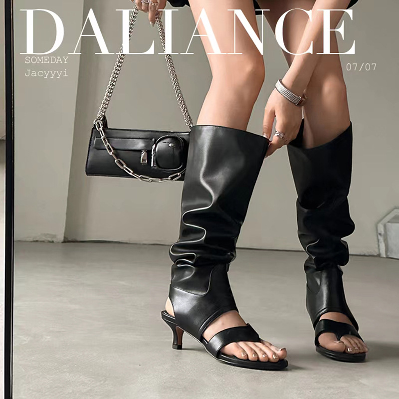 2024 Foreign Trade Summer New Style Clip Toe High Barrel Sandals Large Barrel Heap Boots Thin Heel Sandals Hollow Boots