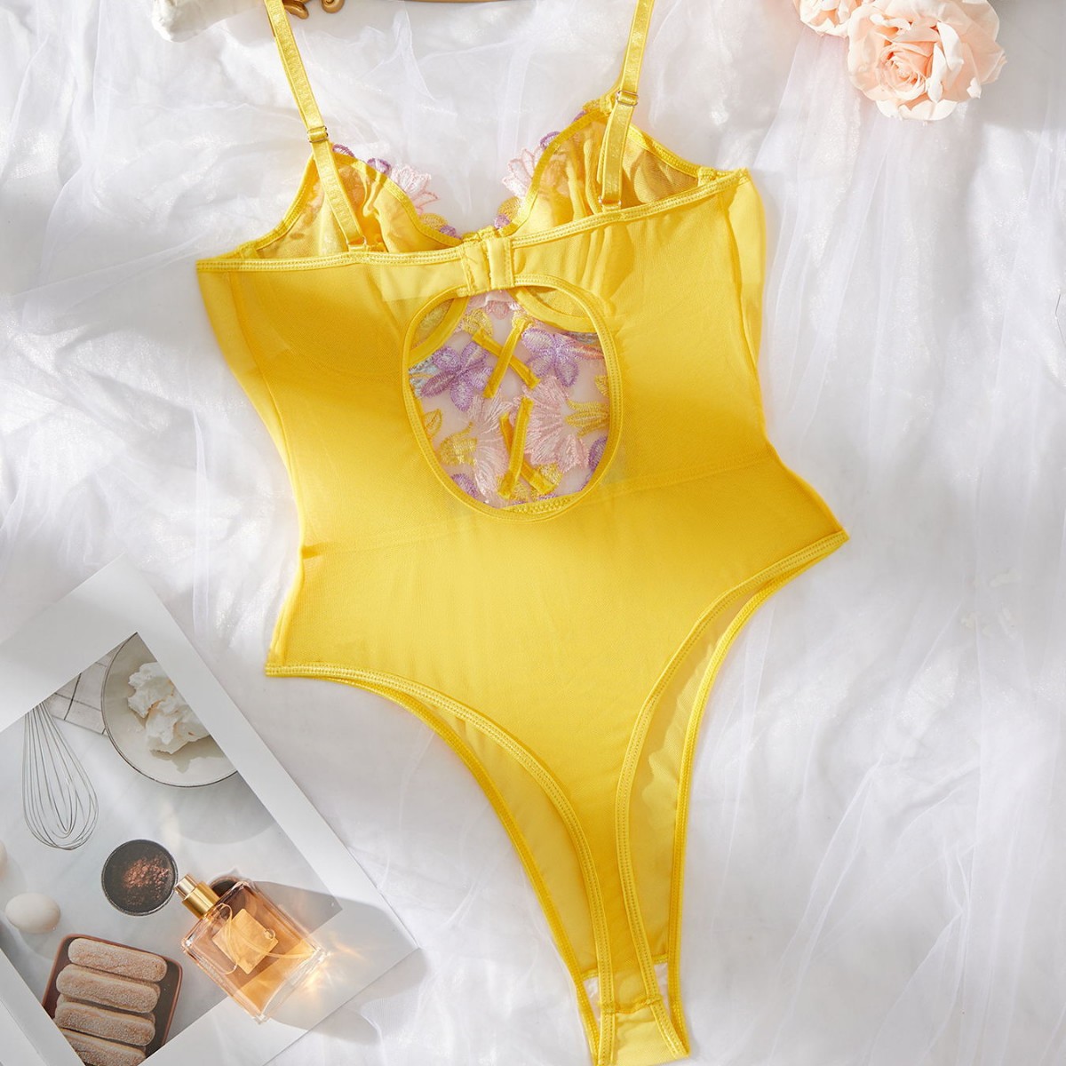 Picture of Comfortable Golden Yellow Embroidered Jumpsuit with No Crotch Opening at the Bottom, Made of Polyester Fiber, Slim Fit
