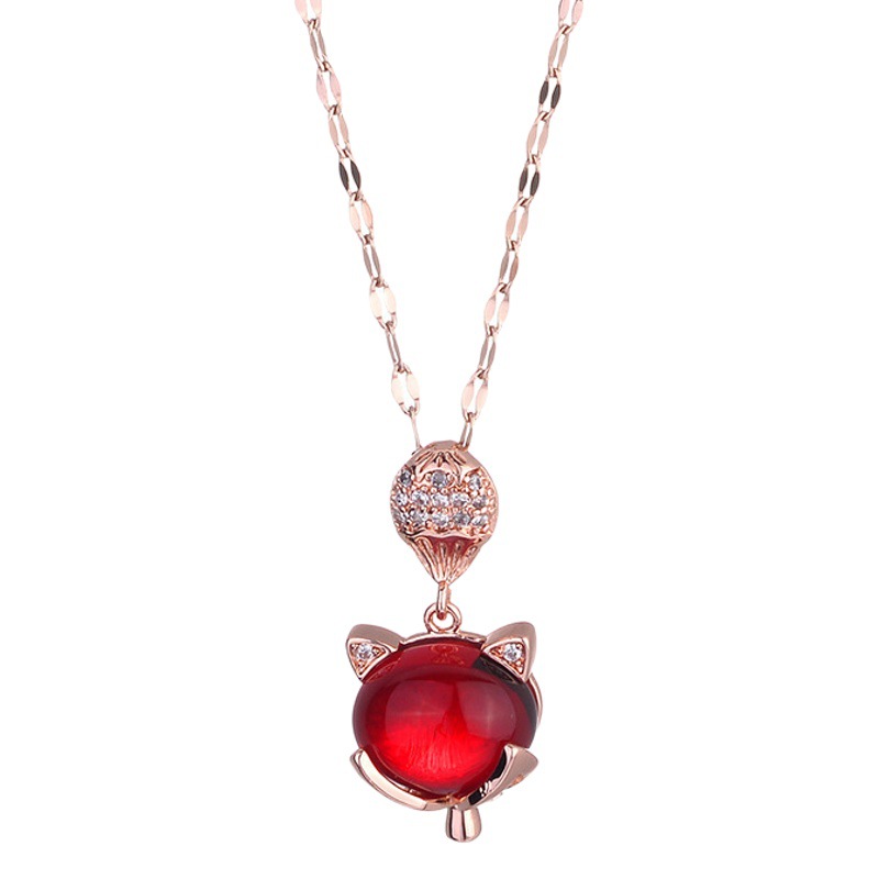 TikTok net red titanium steel necklace female cat's eye stone fox pendant trendy fashion clavicle chain diamond sweater chain jewelry