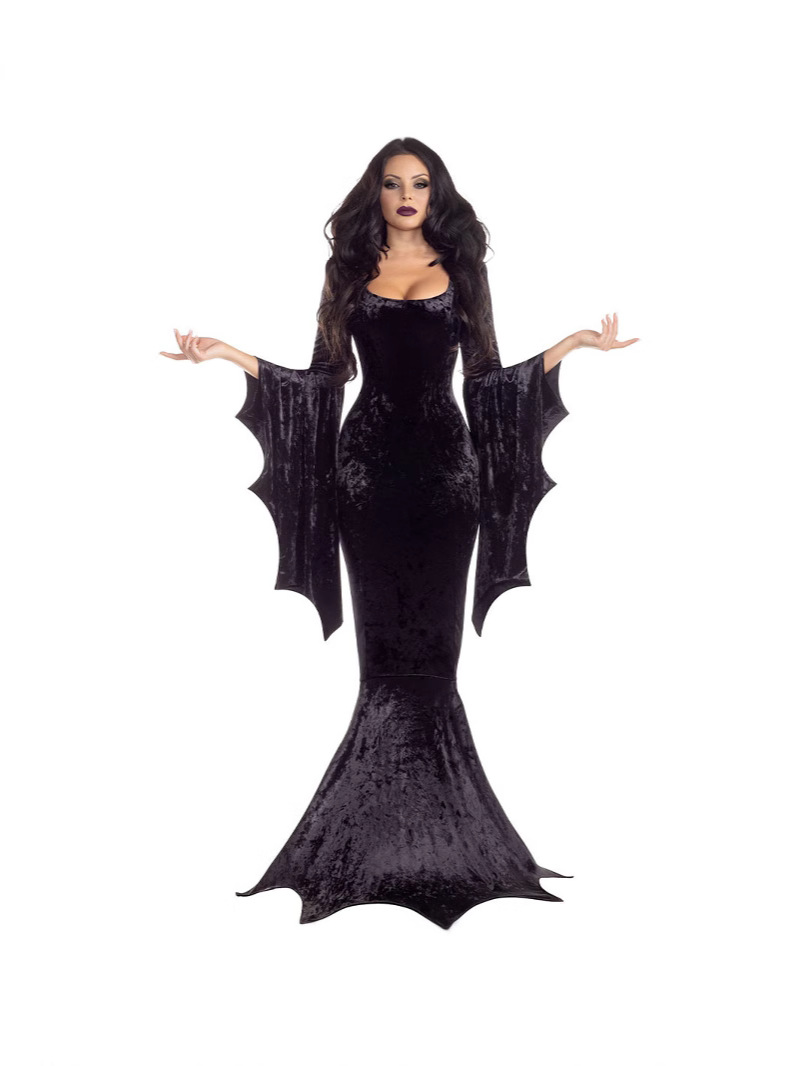 2025 Gothic Velvet Dress Halloween Witch Costume Bat Sleeve Slim Fishtail Skirt Party Costume