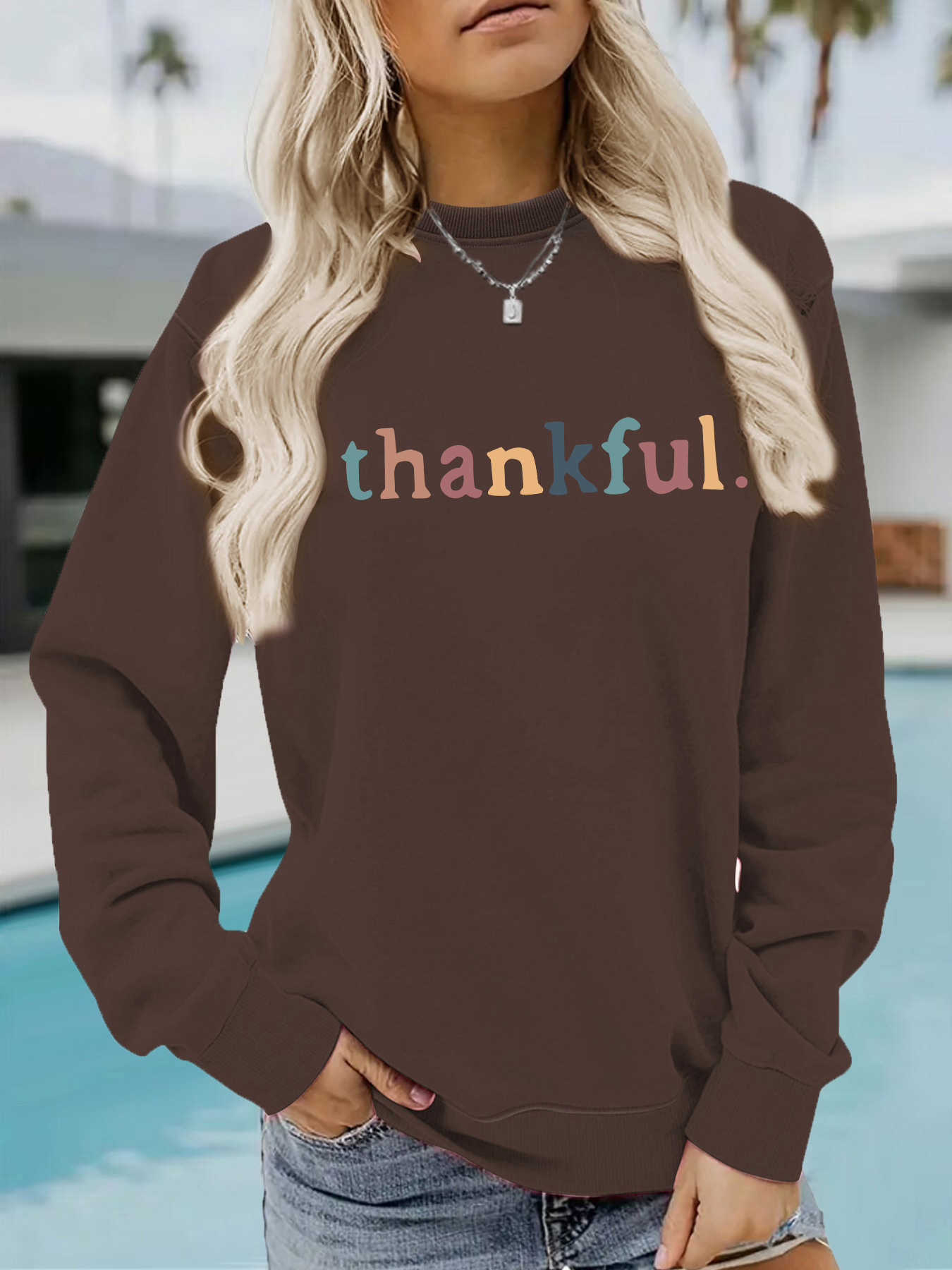 Picture of Europe and the United States cross-border autumn and winter women's casual long sleeve round neck thankfol printed pullover sweatshirt sweater wholesale