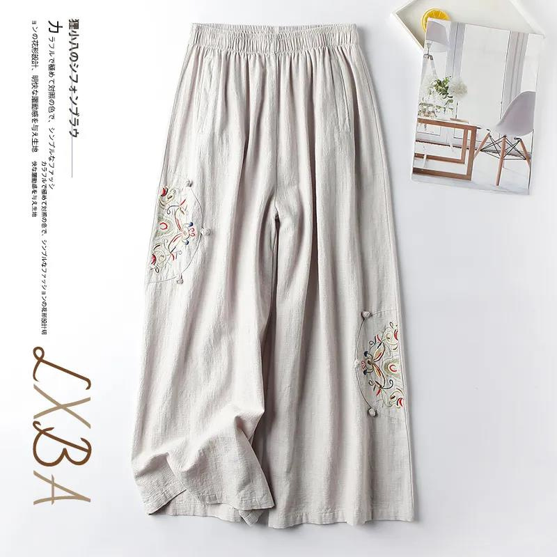 Summer cotton and linen casual pants women's pants thin retro ethnic style embroidered wide-leg pants versatile slimming cropped pants wholesale