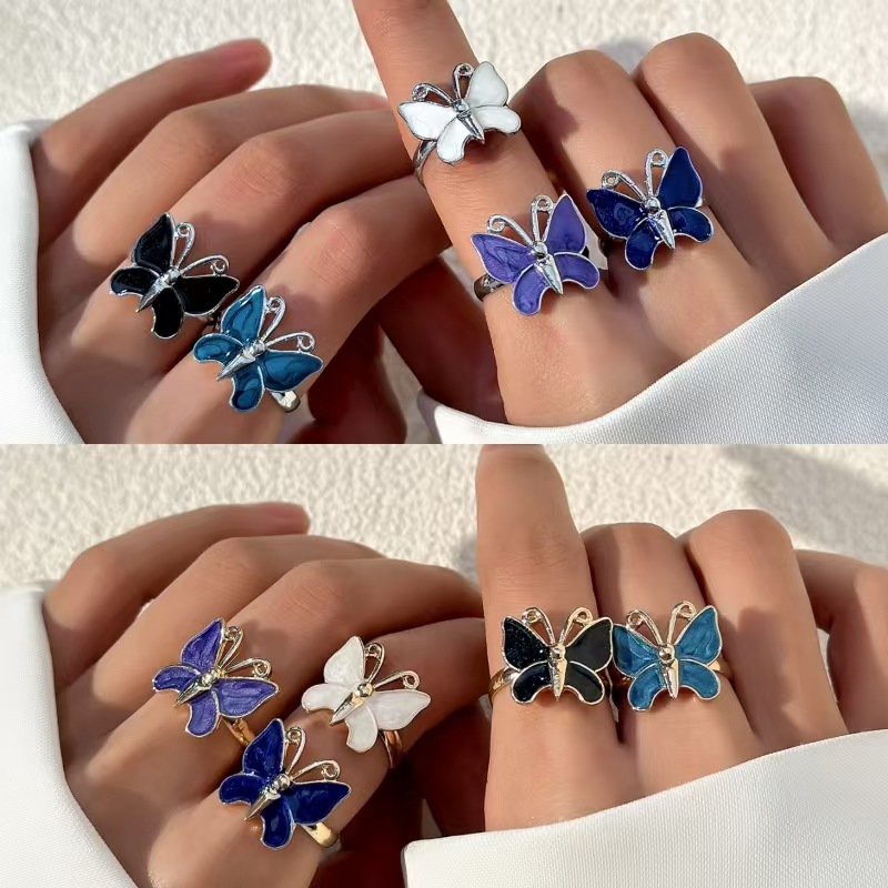 Cross-border Europe and the United States new personalized ring fashion multi-color butterfly drop oil opening 5 suit ring jewelry wholesale