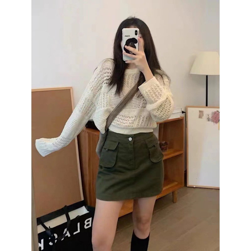 Picture of Korean-style Hollow Crochet Knitted Round Neck Short Top Small Blouse Sunscreen Pullover Air-conditioning Shirt