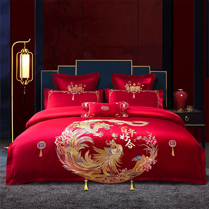 Picture of Wedding Four-Piece Set Embroidered Wedding Pure Cotton Bright Red Wedding Room Embroidered Bedding Quilt Bedding