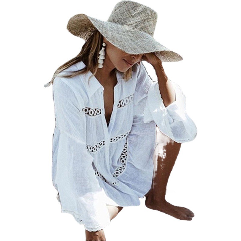 New Style People Cotton Lace Shirt Trumpet Sleeve Beach Blouse Sun Protection Suit Swimwear Jacket Women's Cardigan MP-655