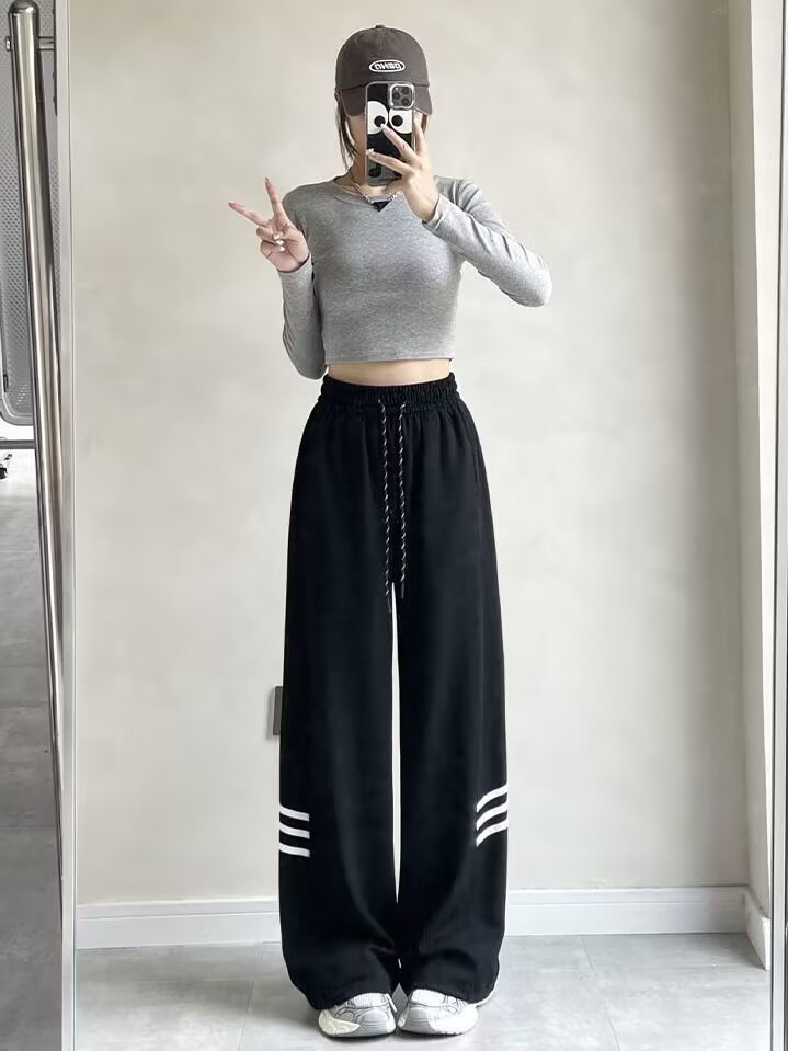 Picture of Sweatpants women's autumn and winter striped wide-leg casual large size loose drape straight cotton American leggings sweatpants